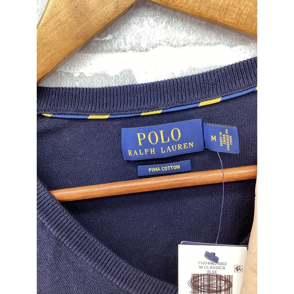 Polo Ralph Lauren Mens Navy Blue Pima Cotton V-Neck Sweater Size M 710744675002